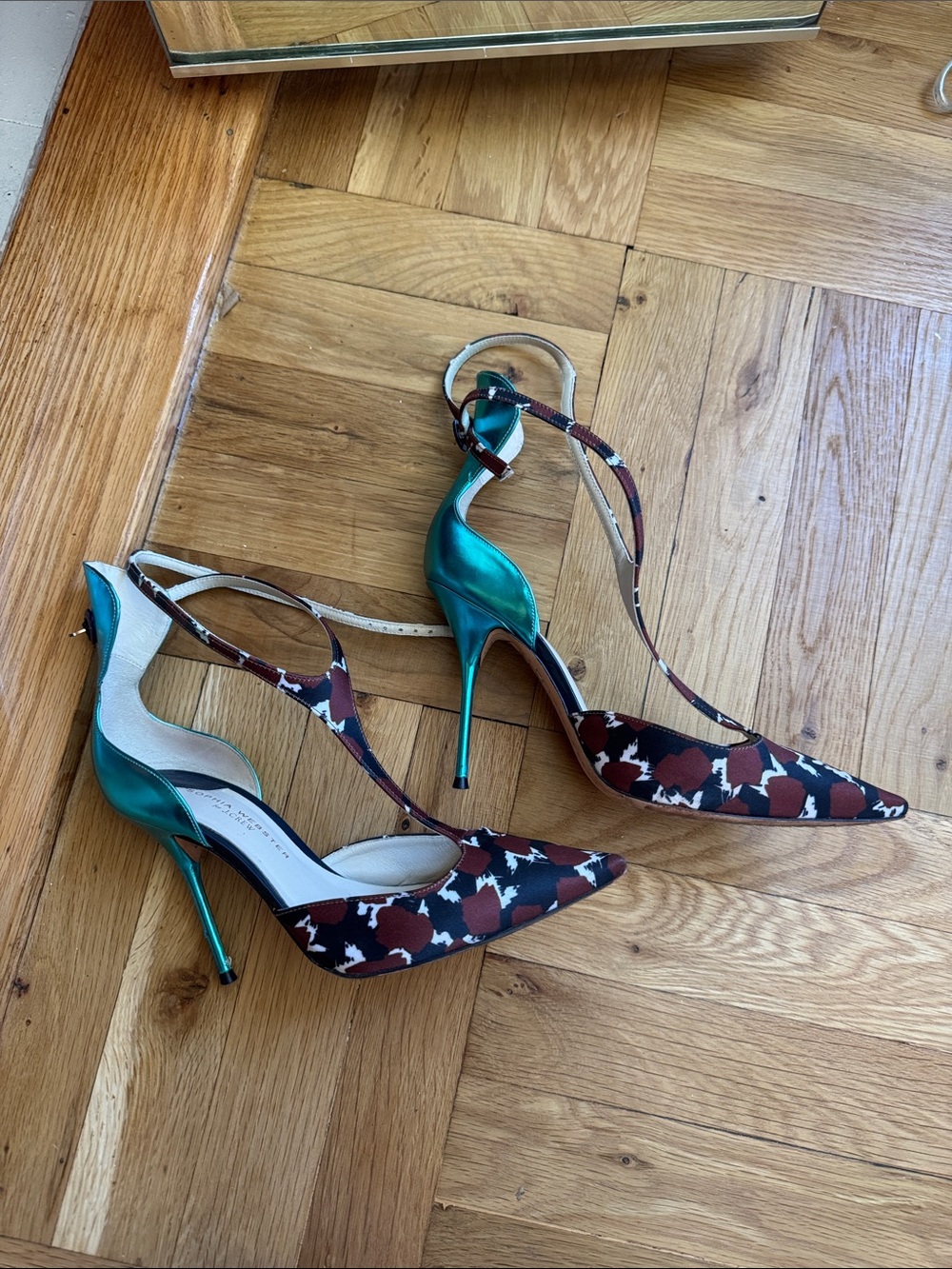 Sophia Webster Teal Metallic & Brown Patterned Pointed Stiletto Heels